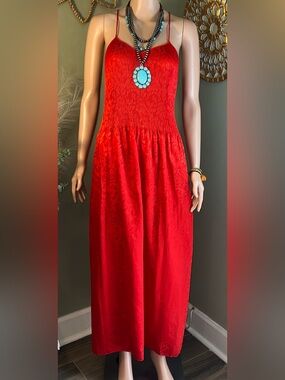 Vintage 80s Mary McFadden “Marii” Pleated Bodice Maxi Dress Tomato Red Medium